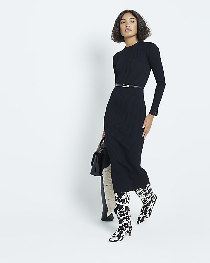 Black Long Sleeve Belted Midi Jumper Dress River Island