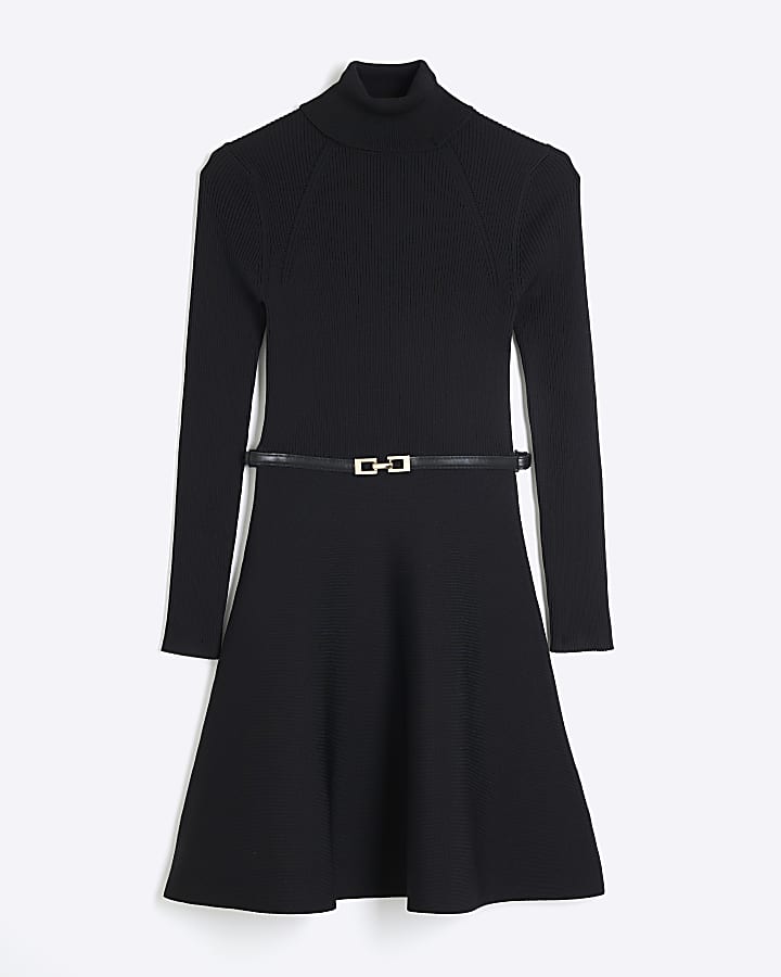 Black Long Sleeve Belted Mini Jumper Dress