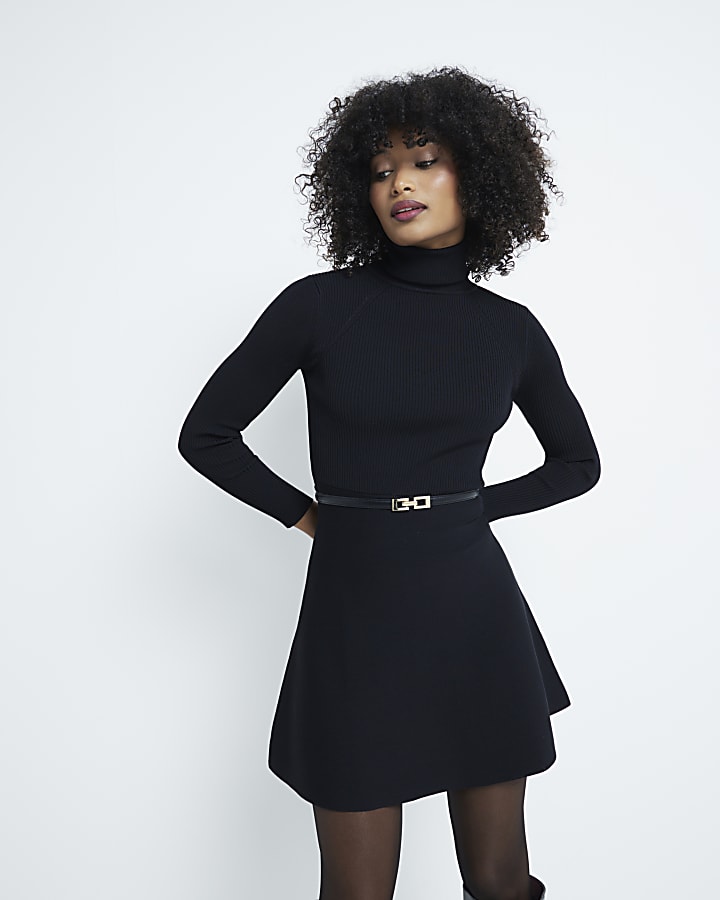 Black Long Sleeve Belted Mini Jumper Dress