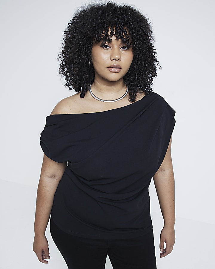 Plus Black off the shoulder draped top