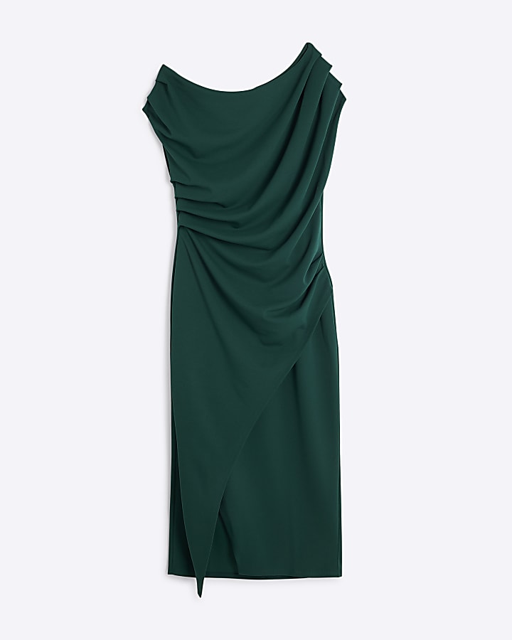 Petite Green Asymmetric Drape Wrap Midi Dress