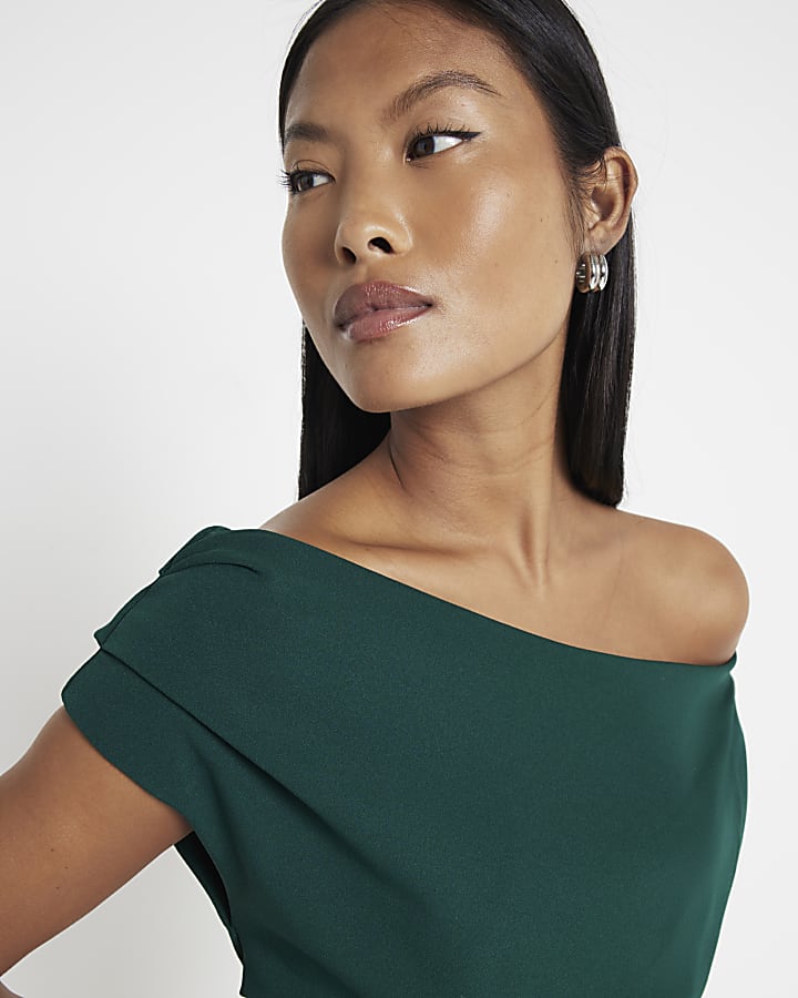 Petite Green Asymmetric Drape Wrap Midi Dress