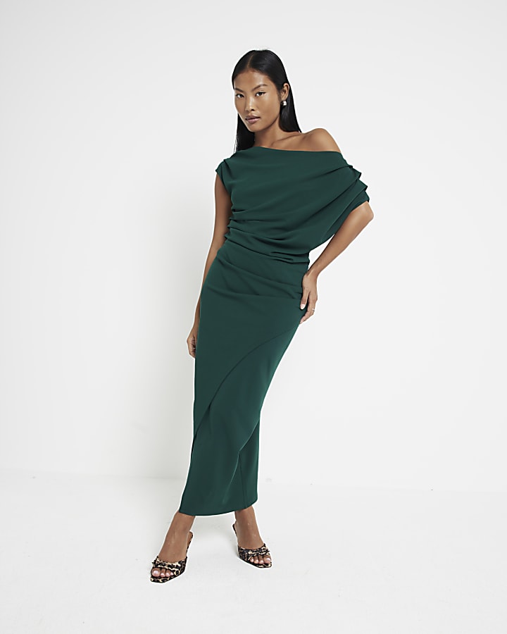 Petite Green Asymmetric Drape Wrap Midi Dress