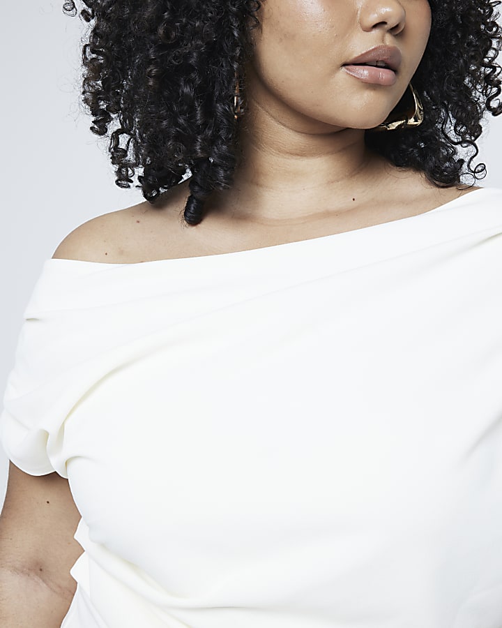 Plus Cream Off Shoulder Asymmetric Drape Top