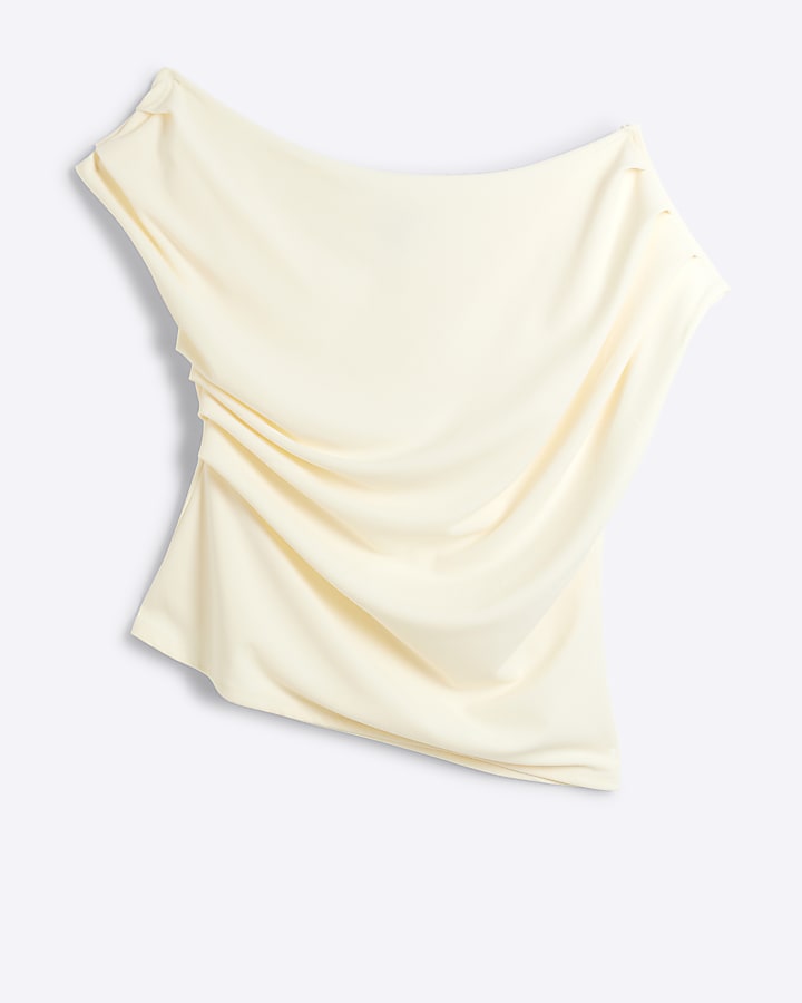 Plus Cream Off Shoulder Asymmetric Drape Top