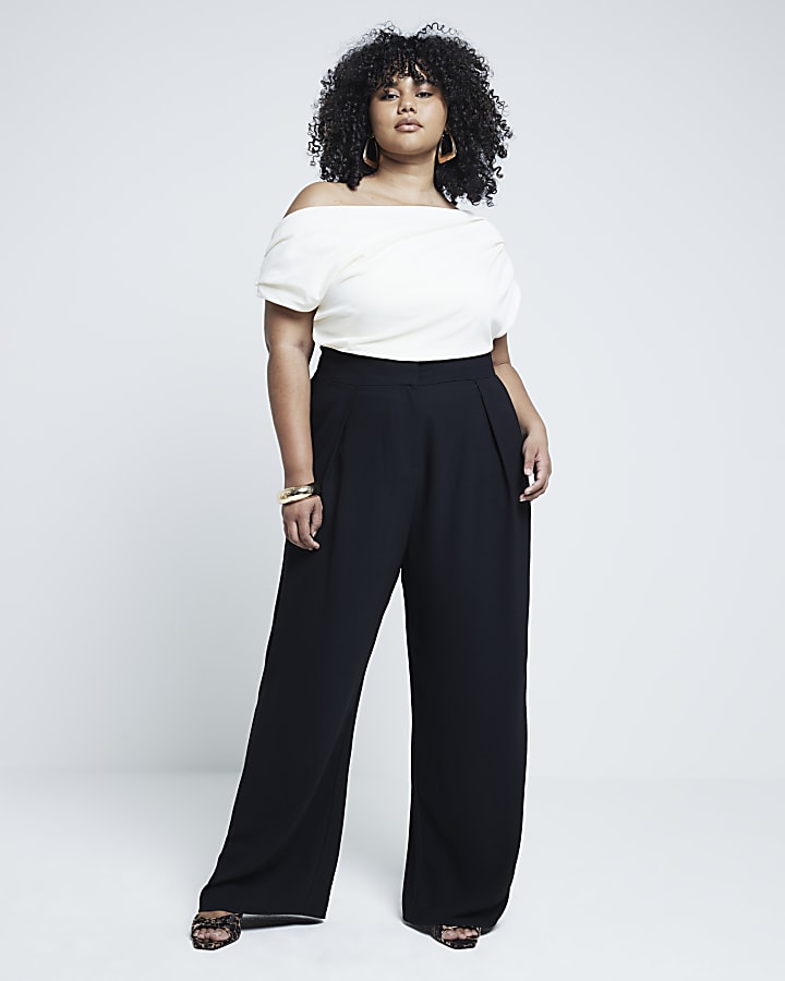 Plus Cream Off Shoulder Asymmetric Drape Top