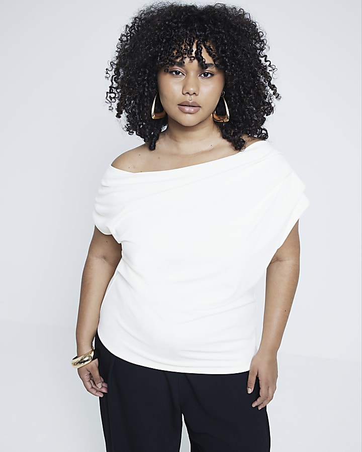 Plus Cream Off Shoulder Asymmetric Drape Top