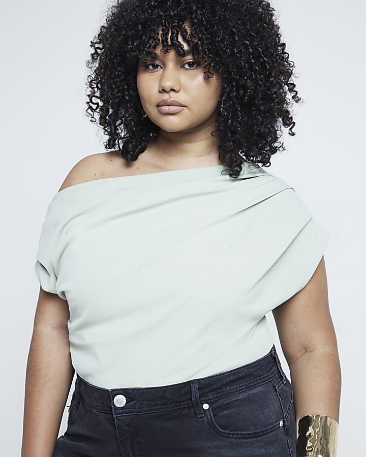 Plus Green off shoulder Drape Top