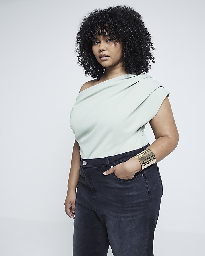 Plus Green off shoulder Drape Top