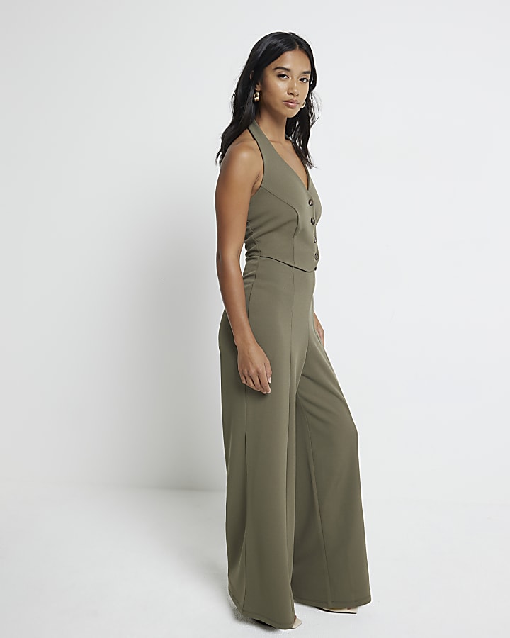 Petite khaki waistcoat wide leg jumpsuit