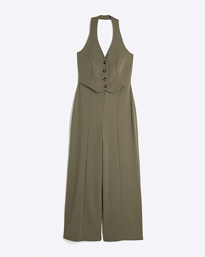 Petite khaki waistcoat wide leg jumpsuit