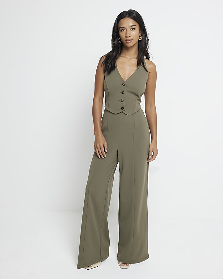 Petite khaki waistcoat wide leg jumpsuit