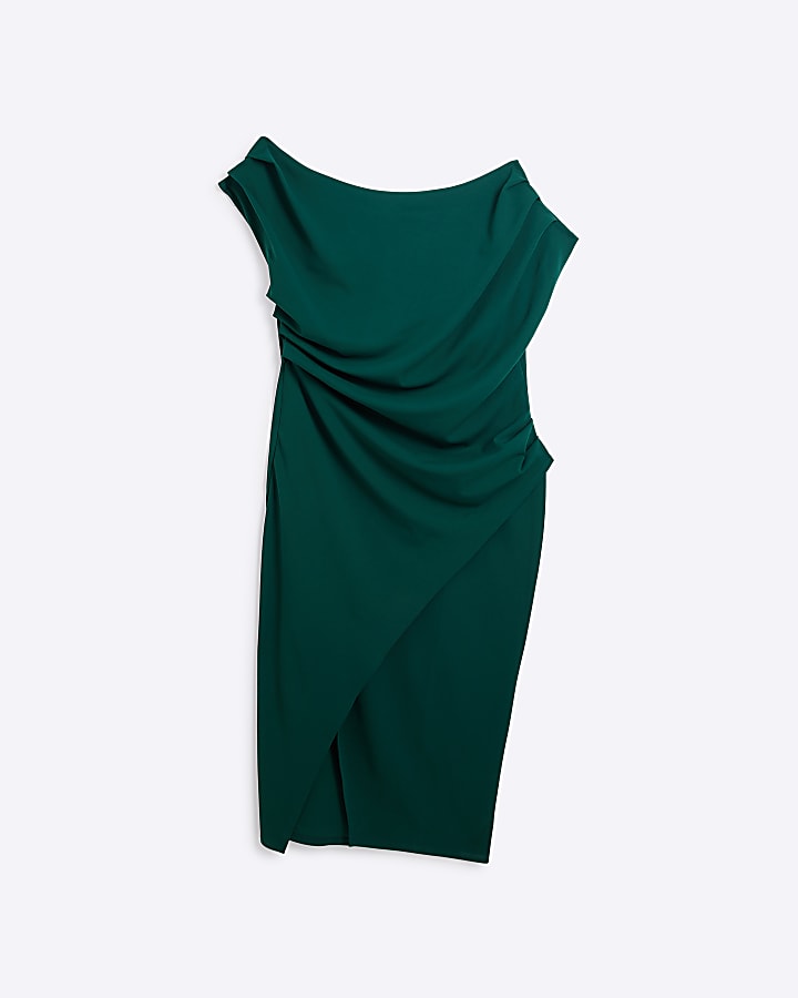 Plus Green Asymmetric Drape Wrap Midi Dress