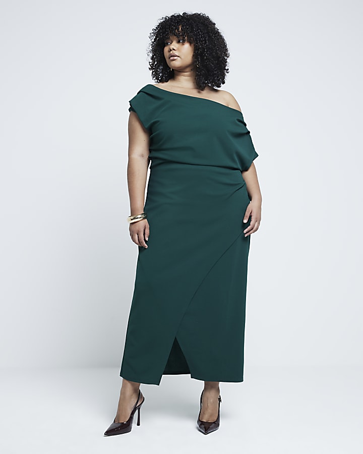 Plus Green Asymmetric Drape Wrap Midi Dress