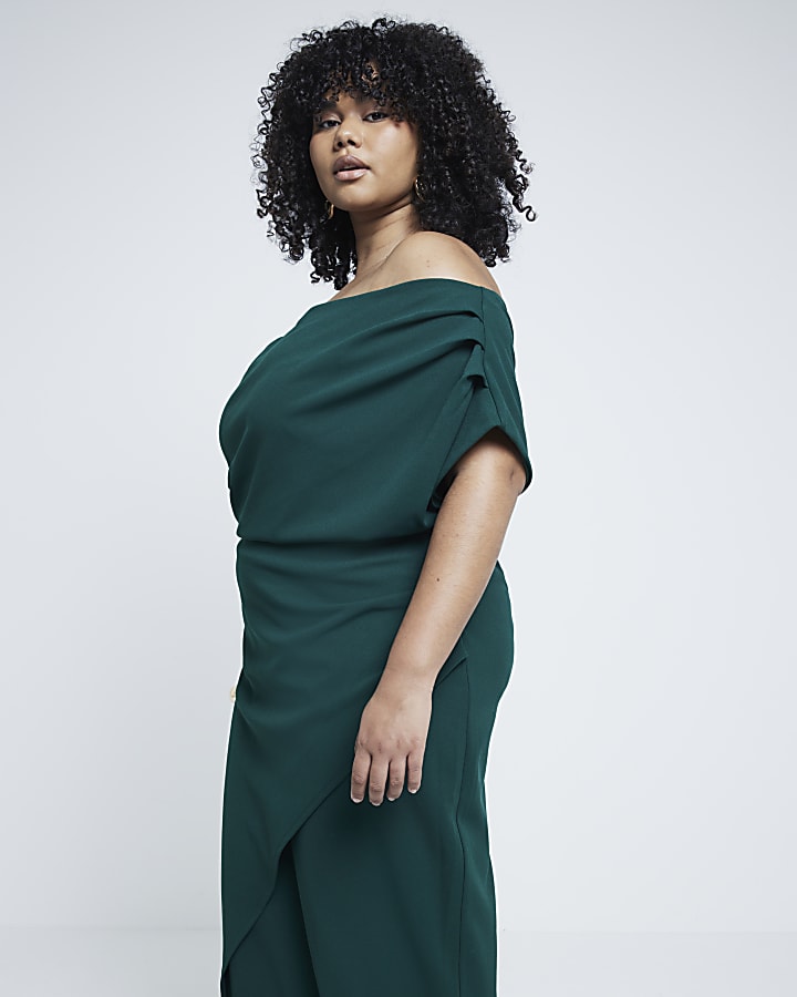 Plus Green Asymmetric Drape Wrap Midi Dress