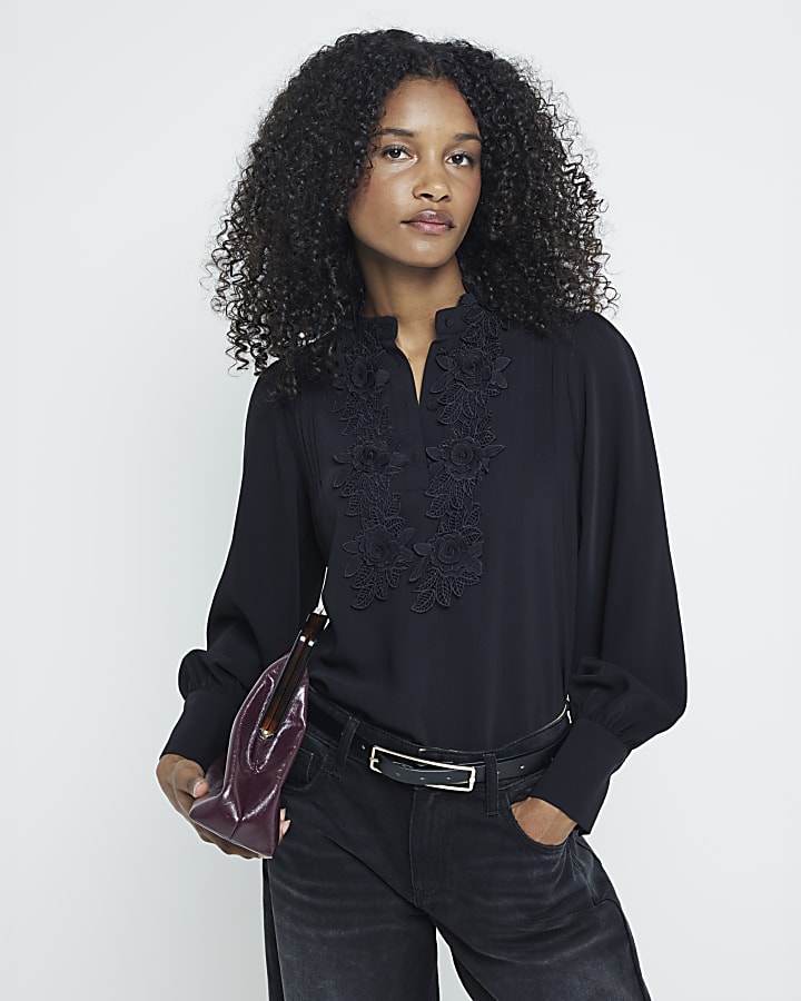 Black floral detail long sleeve Blouse