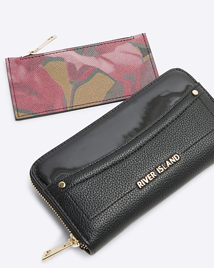 Black Floral Zip Around Purse