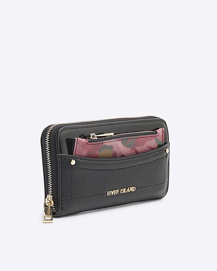 Black Floral Zip Around Purse