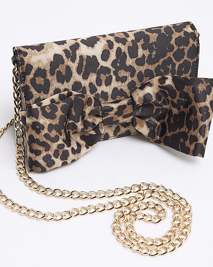 Brown Leopard Satin Bow Purse Cross Body Bag