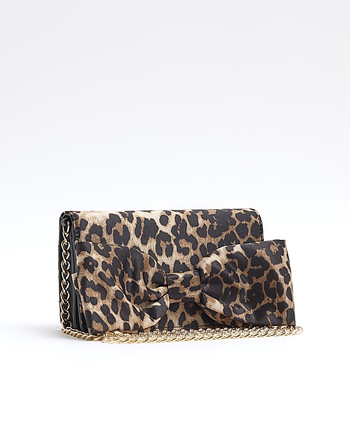 Brown Leopard Satin Bow Purse Cross Body Bag