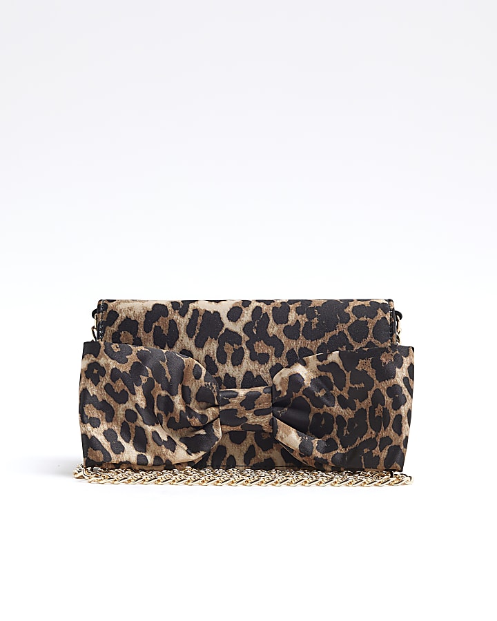 Brown Leopard Satin Bow Purse Cross Body Bag