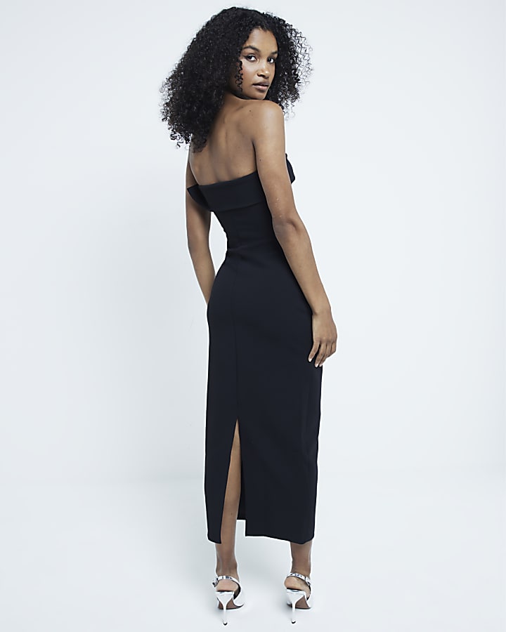 Black scuba bandeau midi dress