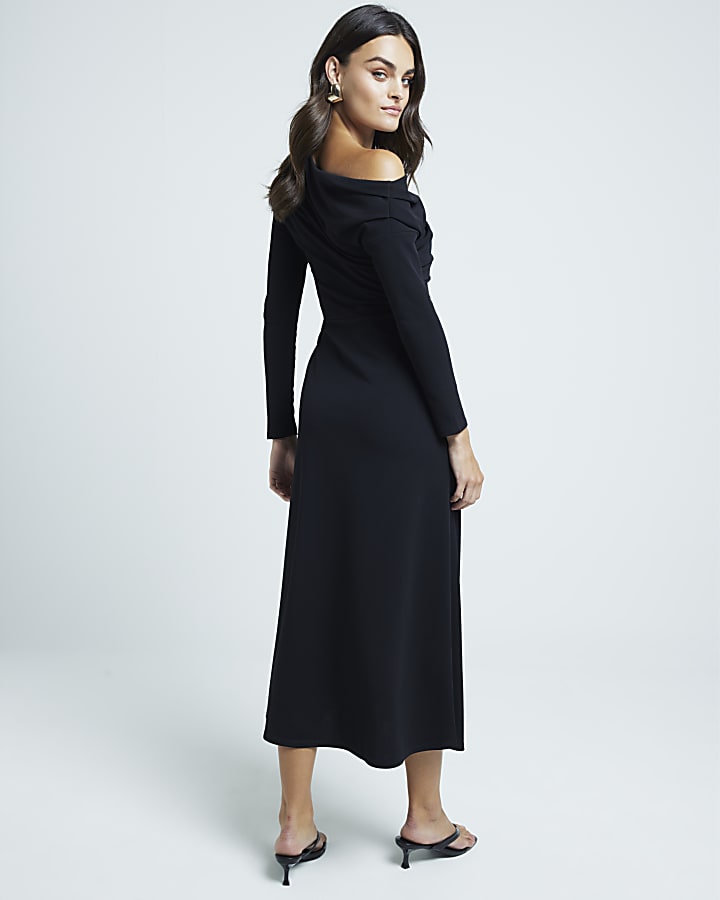Black off shoulder drape bodycon maxi dress