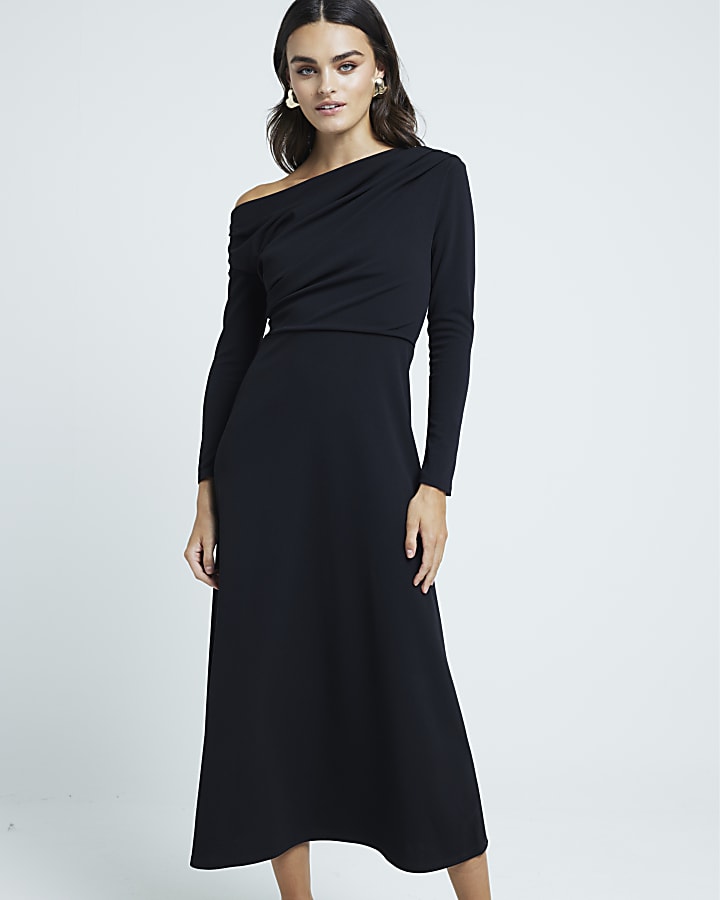 Black off shoulder drape bodycon maxi dress