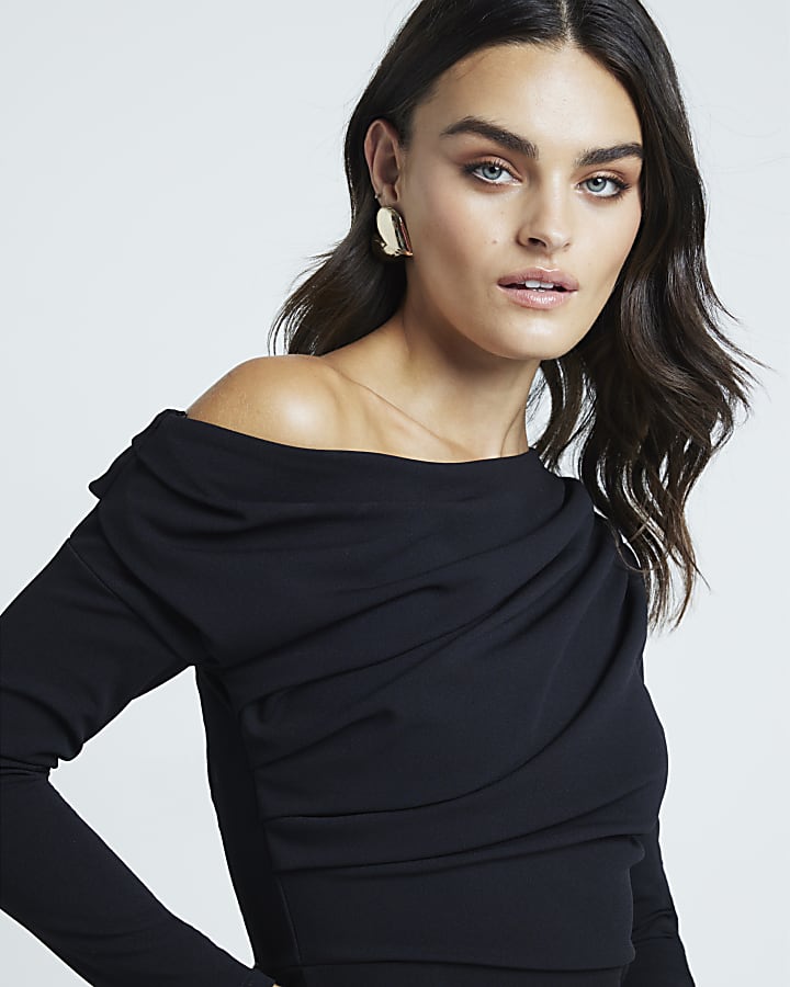 Black off shoulder drape bodycon maxi dress