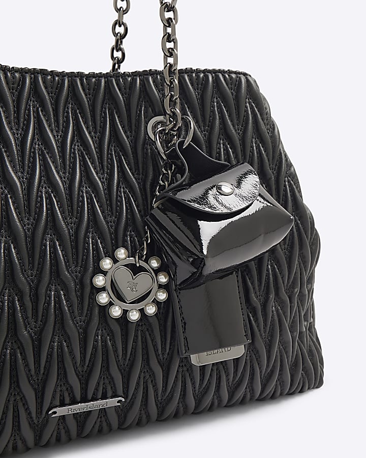 Black Scrunch Quilted Charm Tote Bag