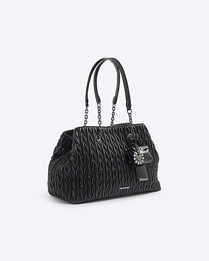 Black Scrunch Quilted Charm Tote Bag