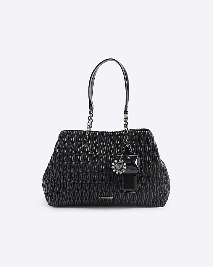 Black Scrunch Quilted Charm Tote Bag