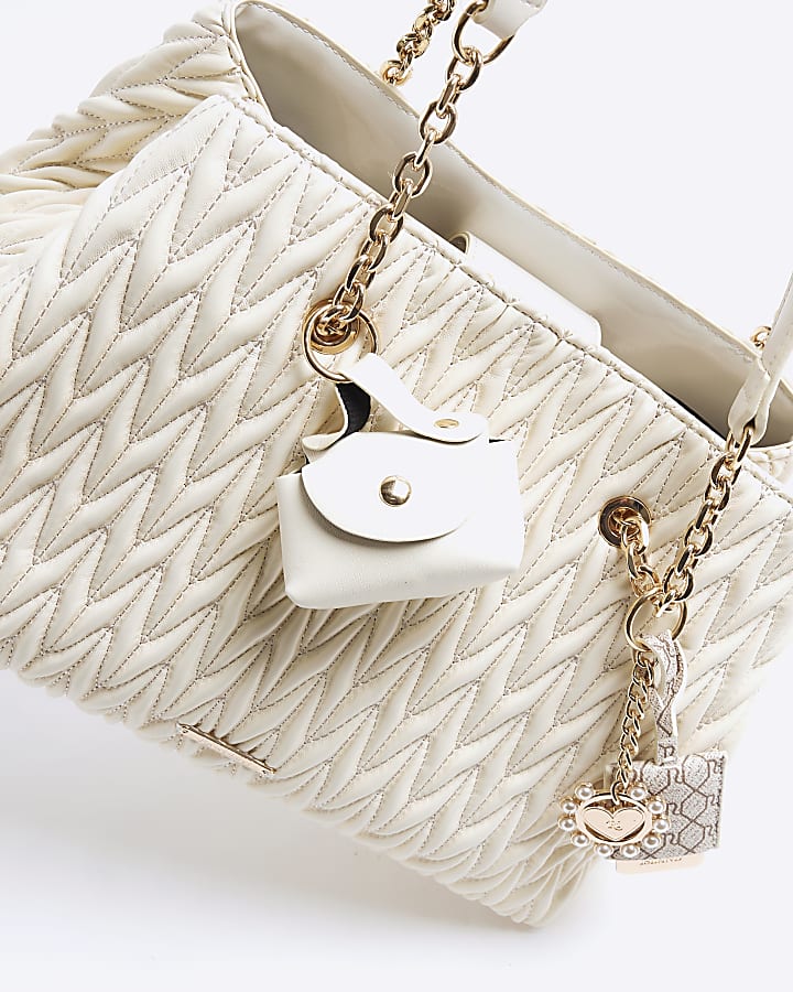 Cream Scrunch Quilt Charm Tote Bag