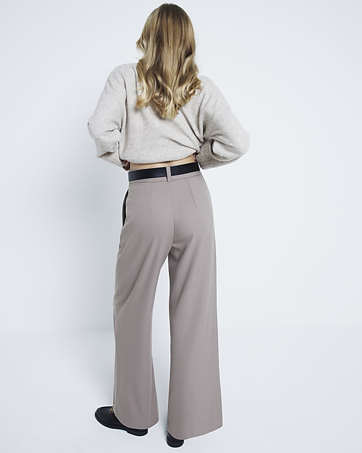 Beige Belted Wide Leg Trousers
