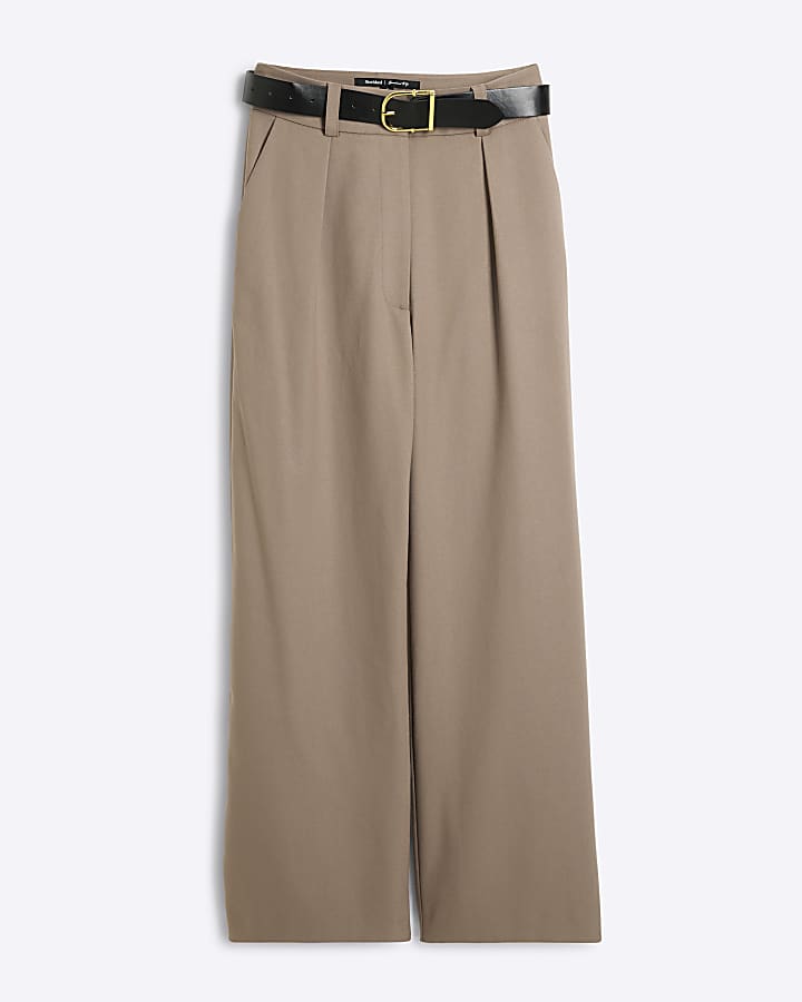 Beige Belted Wide Leg Trousers