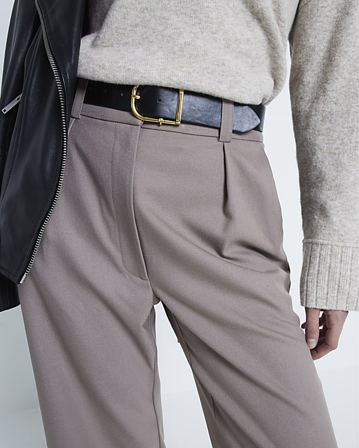 Beige Belted Wide Leg Trousers