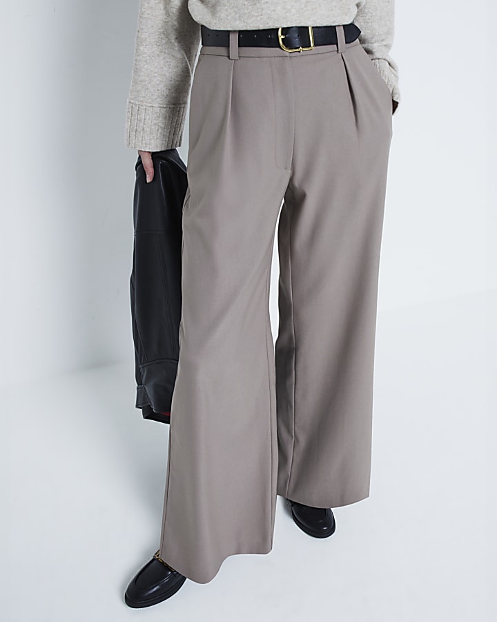 Beige Belted Wide Leg Trousers