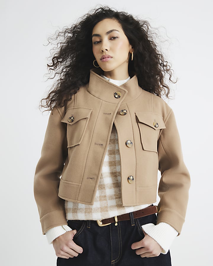 Brown Funnel Neck Cropped Jacket