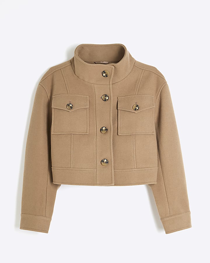 Brown Funnel Neck Cropped Jacket