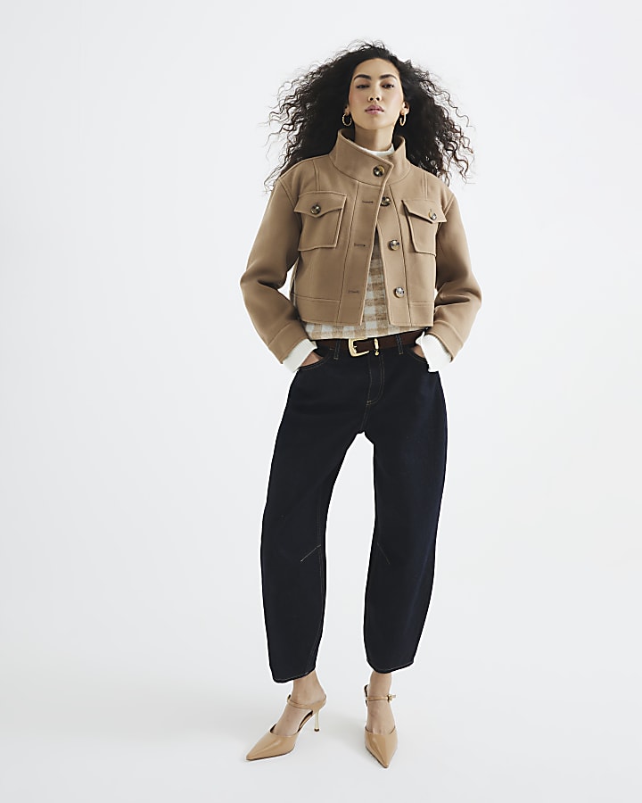 Brown Funnel Neck Cropped Jacket