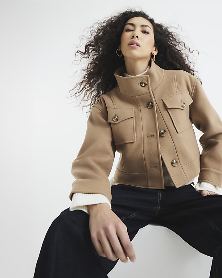 Brown Funnel Neck Cropped Jacket