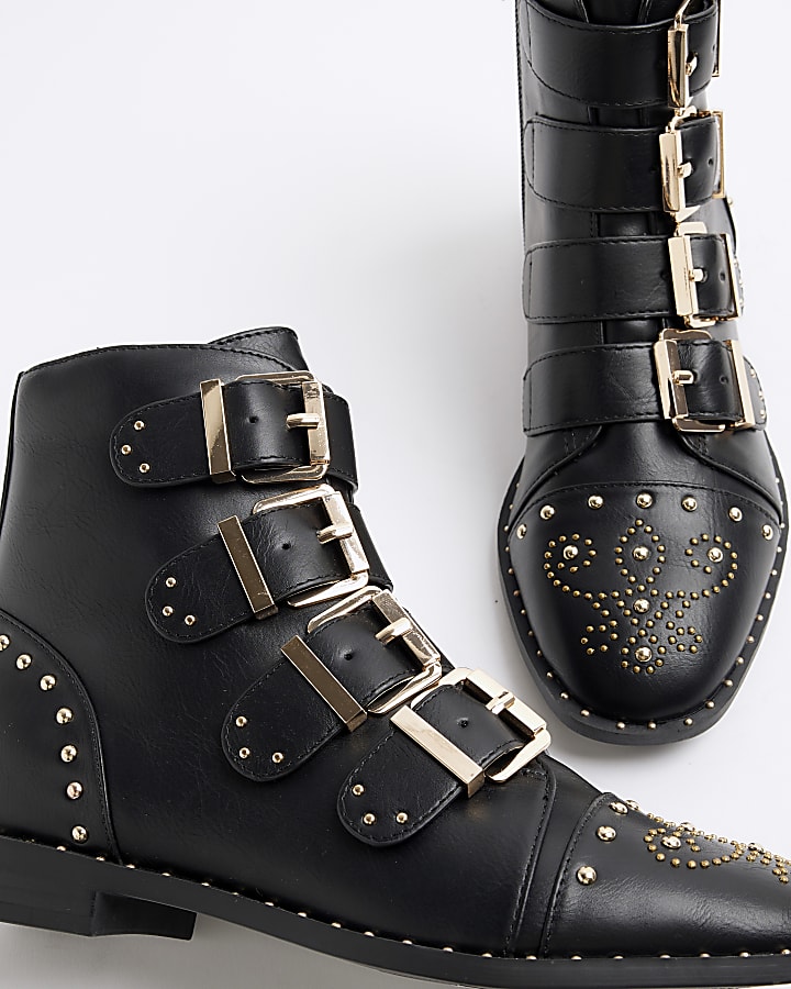 Black Stud Buckle Boots