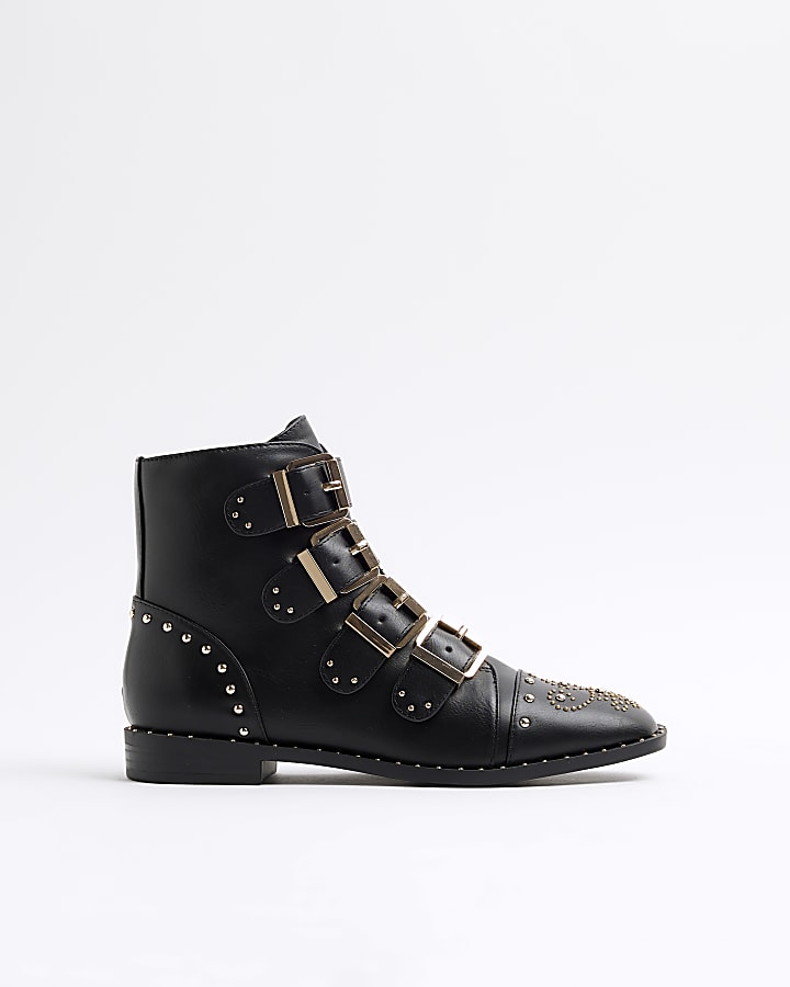 Black Stud Buckle Boots