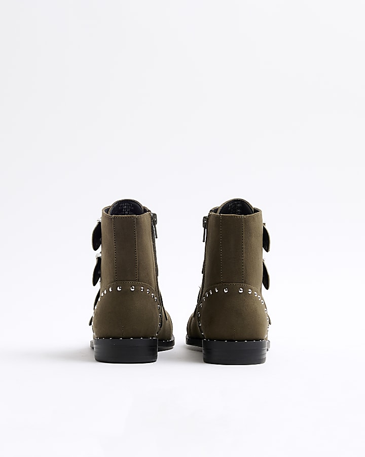 Khaki Suedette Stud Buckle Boots