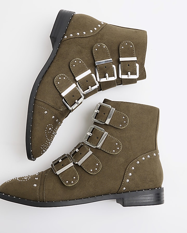 Khaki Suedette Stud Buckle Boots