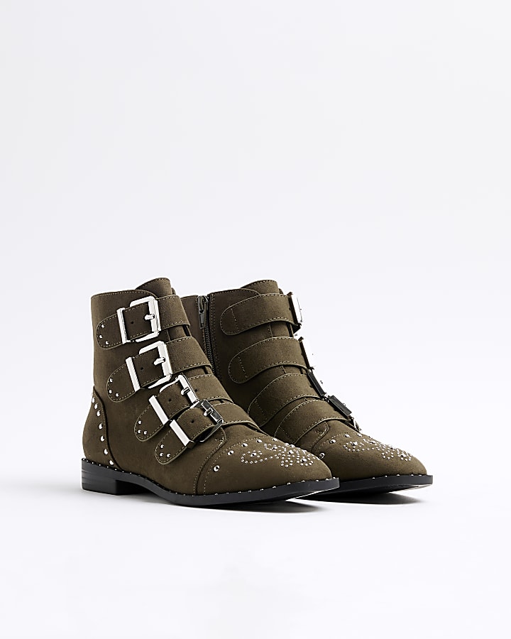 Khaki Suedette Stud Buckle Boots