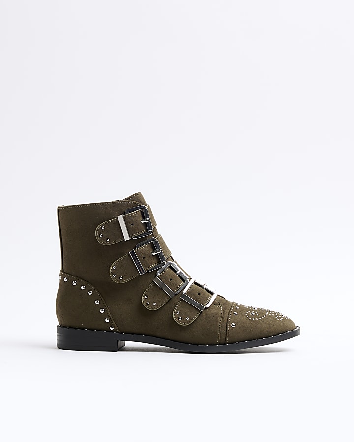 Khaki Suedette Stud Buckle Boots