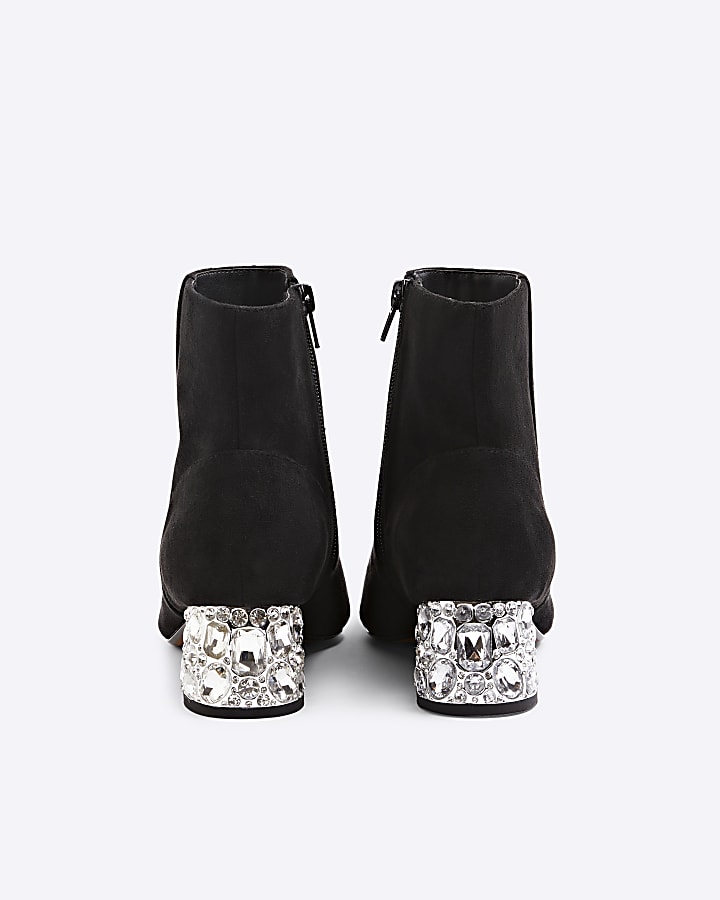 Black Suedette Diamante Block Heeled Boots