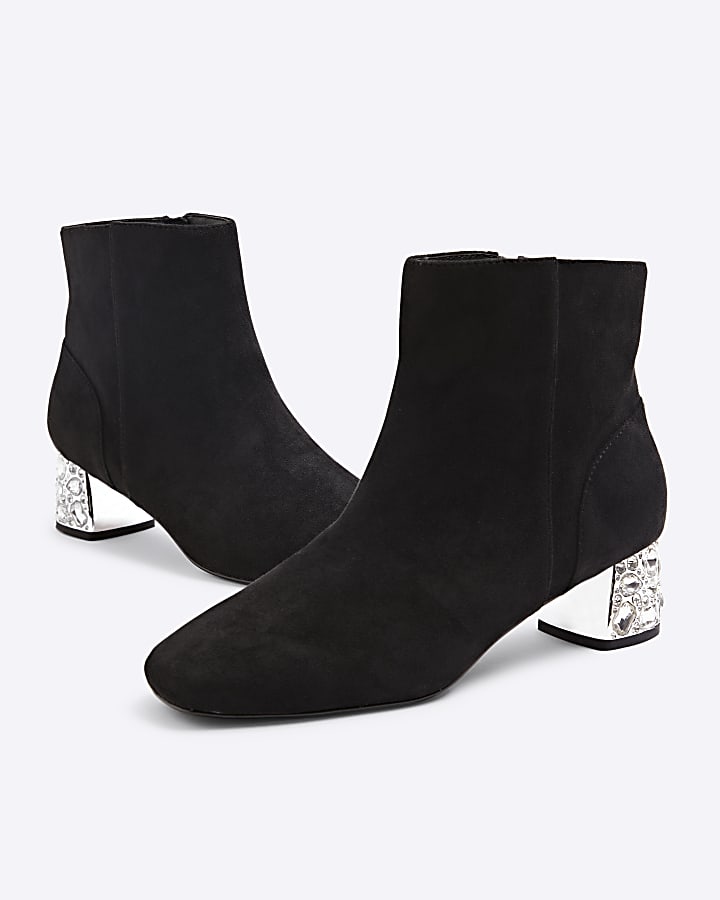 Black Suedette Diamante Block Heeled Boots