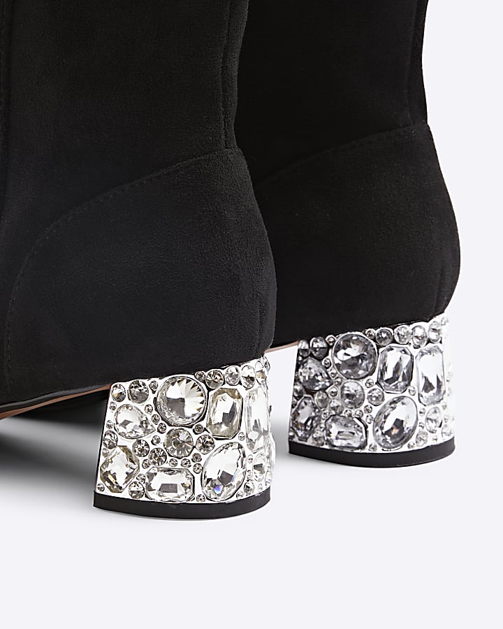 Black Suedette Diamante Block Heeled Boots